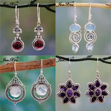 JUNXIN – boucles d'oreilles en pierre de lune pour femme, Style Antique, Style bohème, rond, rouge, bleu, opale, Zircon, bijoux de mariage