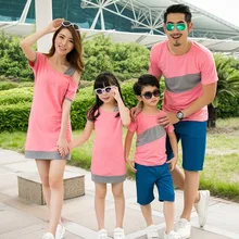 2016 Mother and daughter dress family matching clothes couple clothes inclined shoulder dress boys T-shirt mother father baby
