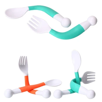

New 1Set/2Pcs Flexible Baby Spoon Fork Set Adjustable Children Learning Dishes Tableware