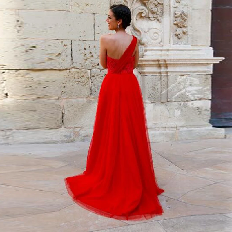 Red Elegant A Line Evening Dress 2016 Vestido De Festa Appliques Fashion Long Gowns One Shoulder Backless Formal | Свадьбы и