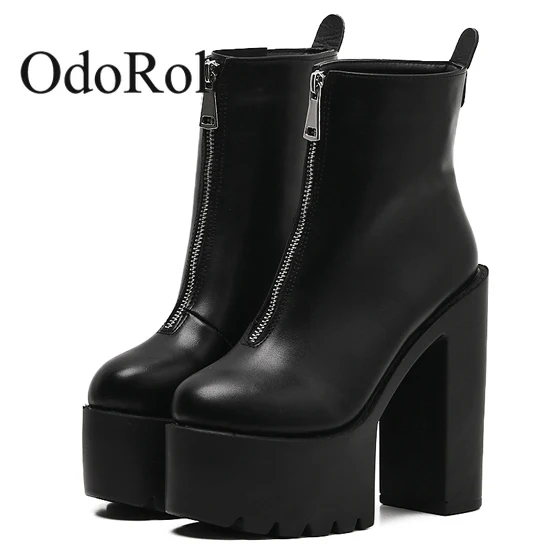 

OdoRola New Fashion Autumn Women Ankle Boots Female Black Leahter High Heels Shoes Ultra High Platform Heels Round Toe Lady Shoe