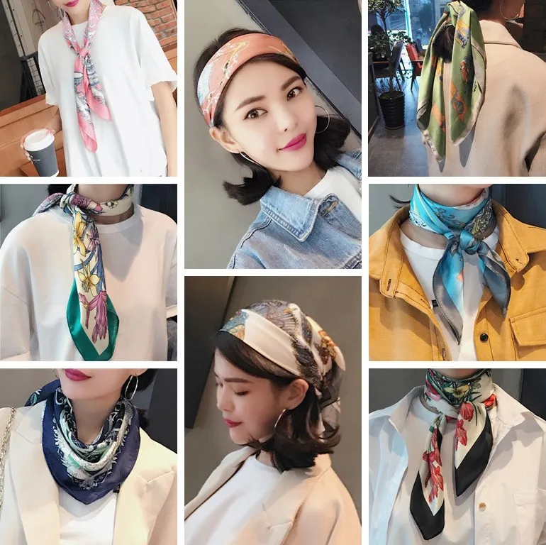 2019 spring summer Women Square scarf Silk satin Head Neck Scarf Skinny Retro Hair Tie Band Small Fashion Square Scarf 60*60cm 2019 spring summer Women Square scarf Silk satin Head Neck Scarf Skinny Retro Hair Tie Band Small Fashion Square Scarf 60*60cm