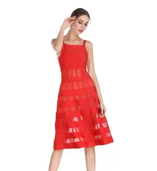 

Top quality slash neck party sleeveless black red gauzy srtap knee-length hollow out sexy bodycon party bandage dress wholesale