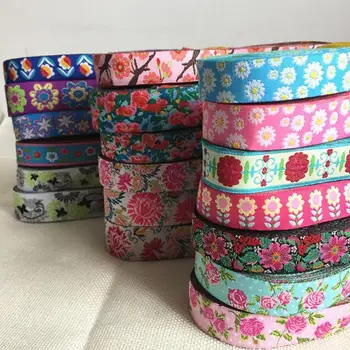 

5/8 '(16 mmx5yards) Plum Blossoms Tulips Roses Woven Polyester Jacquard Ribbon dog chain accessories with Agility For Dog Collar