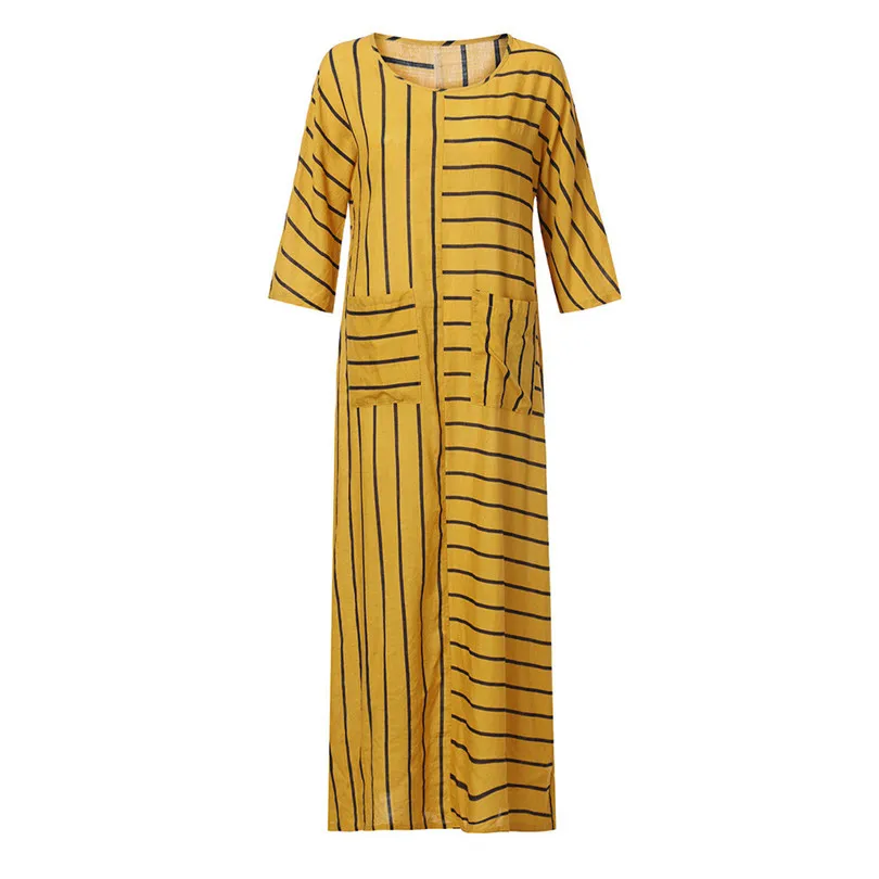   Women Summer 34 Sleeve Casual Brief Fashion Daily Striped Cotton Loose Bohe Long Beach Dress Kaftan Plus Size #4M18 (3)