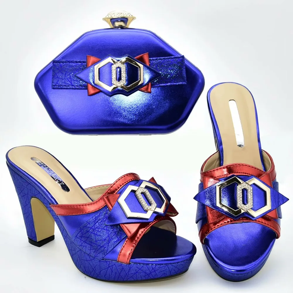 

Elegant royal blue and red italian shoes and bag set african aso ebi party with 4.3 inches heel very nice shoes bags SB8381-3