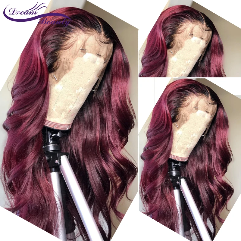 Dream Красота 99j красный эффектом деграде(переход от темного к Цвет 13X6 Синтетические волосы на кружеве человеческие волосы парик с детскими волосами предварительно вырезанные волосяного покрова, несекущиеся бразильские вьющиеся волосы Remy бесклеевой