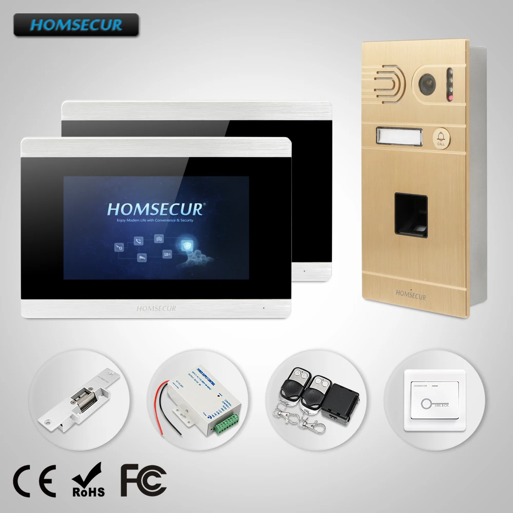 HOMSECUR 7\ Wired Hands-free Video Door Phone Intercom System Fingerprint Camera 2Pcs Memory Monitors BC061-G +BM715-S