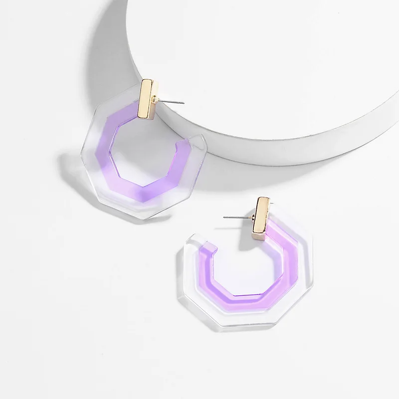 Летние шестигранные прозрачные полимерные серьги-кольца для женщин Черепаха люцит ацетат акриловые серьги-обручи - Окраска металла: Purple