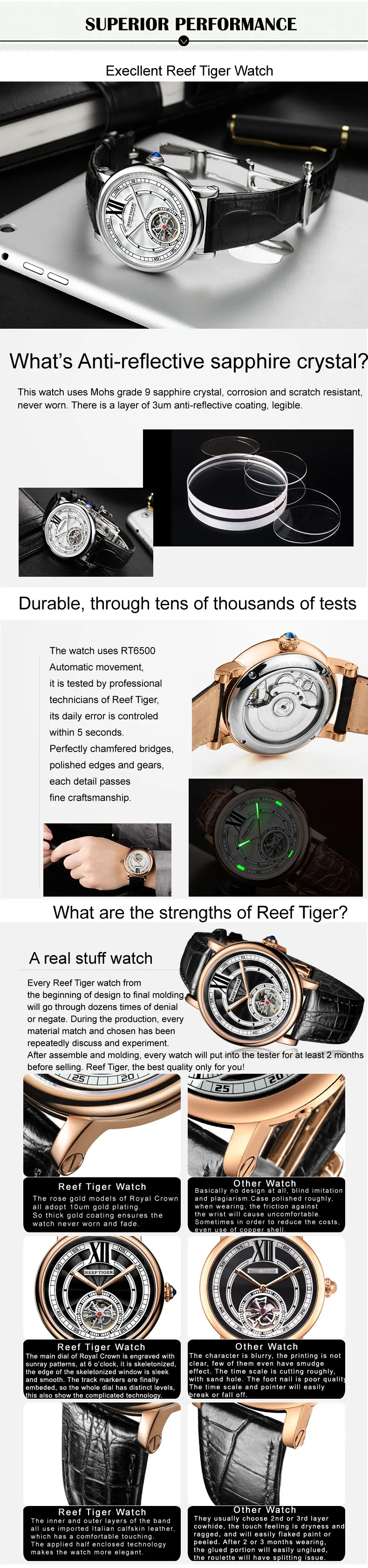 Reef Tiger/RT Дизайнерские мужские часы синий кристалл Корона и ремешок аллигатора автоматические часы светящиеся Tourbillon часы RGA192