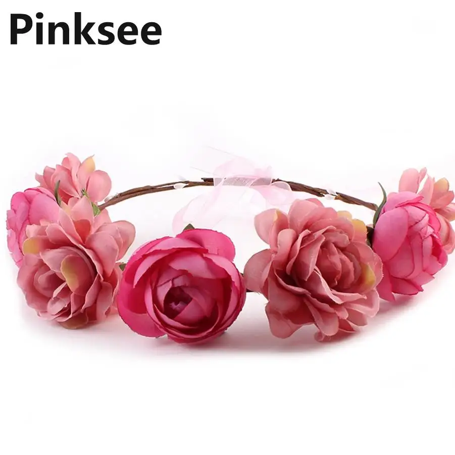 Hot Big Fabric Flowers Elastic Hair Band Bohemia Handmade Crown Wedding Hairband For Women Bridal Romantic Accessories | Украшения и