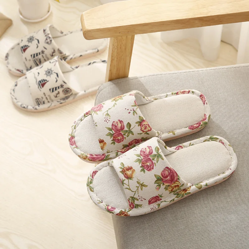 

Women Indoor Slippers Cotton Flax Print Lovers Home Slipper Soft Bottom Spring Summer Shoes Woman House Floor Slides SH070501
