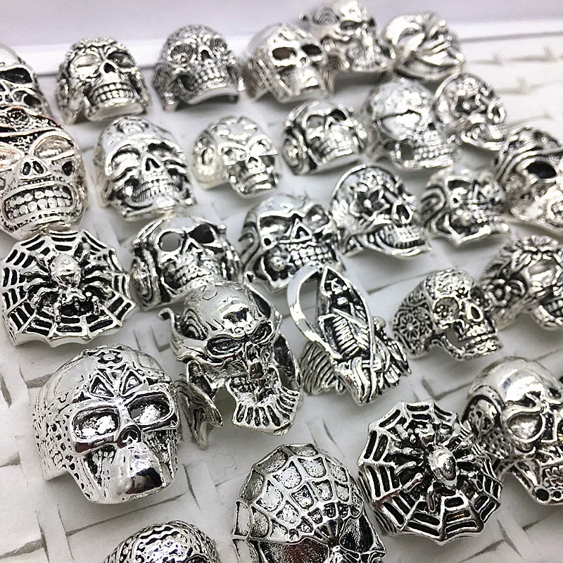 MIXMAX 30 шт. кольца в виде черепа мужские панк-рок серебряные металлические женские байкерские кольца в виде черепа Винтажные Ювелирные изделия Подарки Оптом оптом