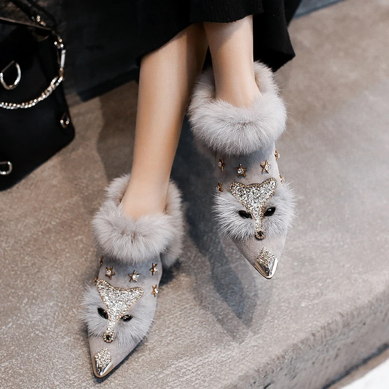 

New Women Winter Ankle Boots Faux Fur Decoration Pointed Toe Rhinestones Plush Lining Warm Shoes Black Gray A1