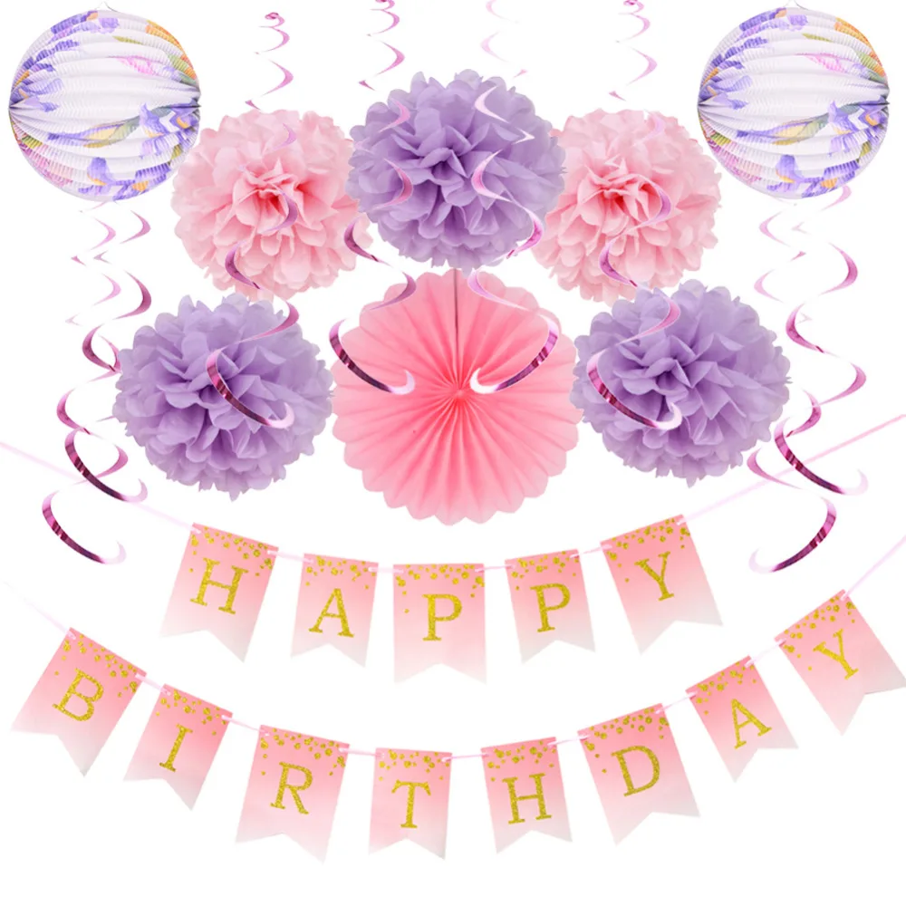 

Birthday Party Decorations Supplies 15pcs Baby Shower Girl Decor Pom Pom Flower Paper Fans Swirl Hanging for Adult Party Favor