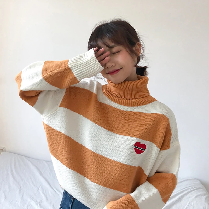 Tanie Koreański miękkie siostra śliczne cukierki kolor paskiem sweter z dzianiny kobiety zima golf z długim rękawem Pullover Jumper