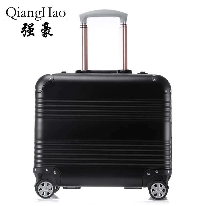QiangHao, алюминиевый сплав, 18 дюймов, чемодан на колесиках, Дорожный чемодан с алюминиевой удочкой, Спиннер, колеса, багаж для переноски - Цвет: Black
