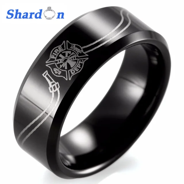 Shardon 8mm Black Beveled Tungsten Carbide Comfort Fit White Shardon 8mm Black Beveled Tungsten Carbide Comfort Fit White Lasering Fireman Hose Design Firefighter Rings For