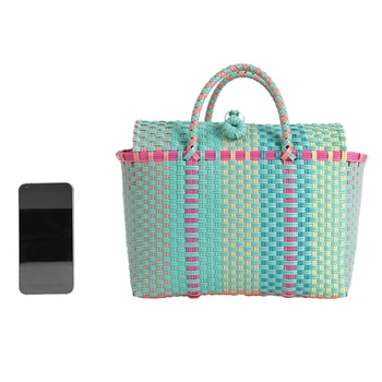 

LJL-Capacity Heavy Duty Handmade Woven Pp Plastic Handbag Summer Beach Basket Bag Green Plaid Checks Teacher Tote Shopping Bag