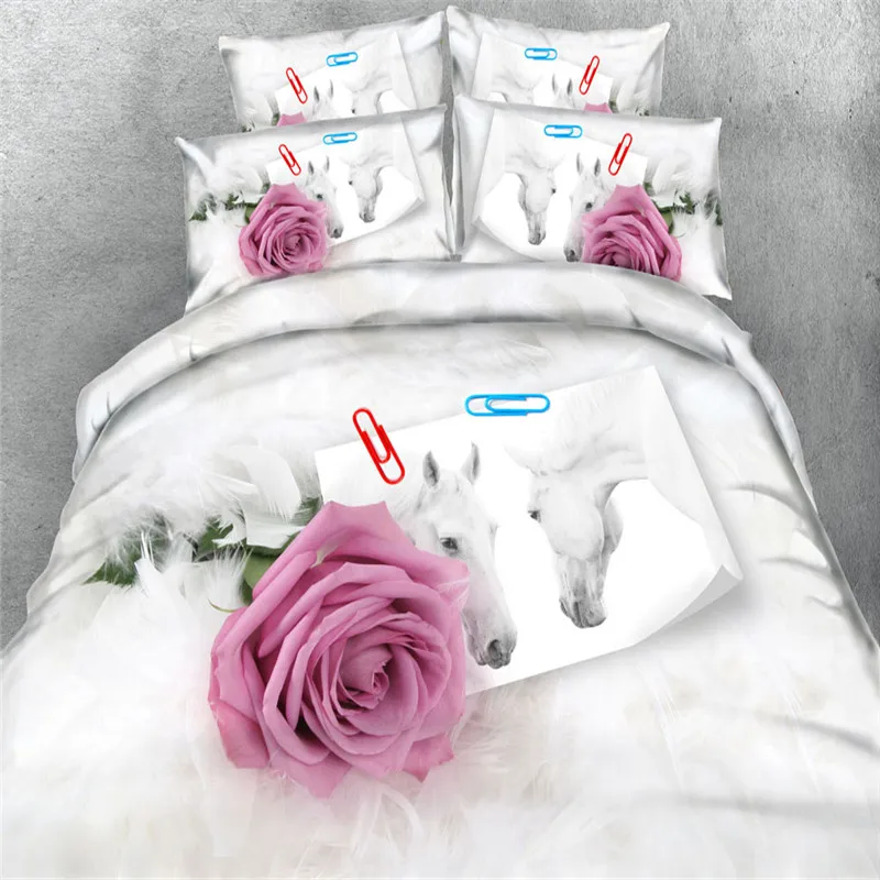 Us 65 0 20 Off Pink Rose White Horse Bedding Sets 3d Print Bedspread 3 4pc Bedclothes Duvet Cover King Queen Twin Size Girls Children Bed Set In