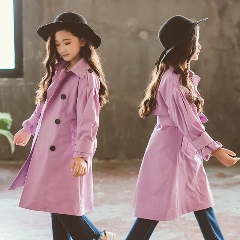 

Mother And Daughter Clothes Long New Spring Autumn Girls Jackets Trench Coat Belt Girls Coats And Jackets Purple Beige Outerwear