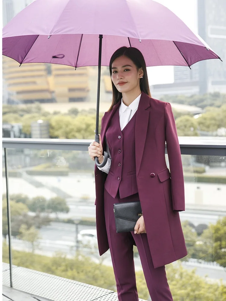 Высокое качество ткани осень зима женские блейзеры костюмы униформа дизайн бизнес дамские офисные костюмы с длинной ветровкой