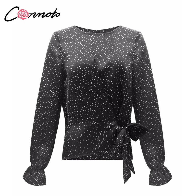 Conmoto Длинные женские рубашки и блузки с поясом, повседневные топы и блузки в горошек, в 3 цветах, осень-зима - Цвет: Черный