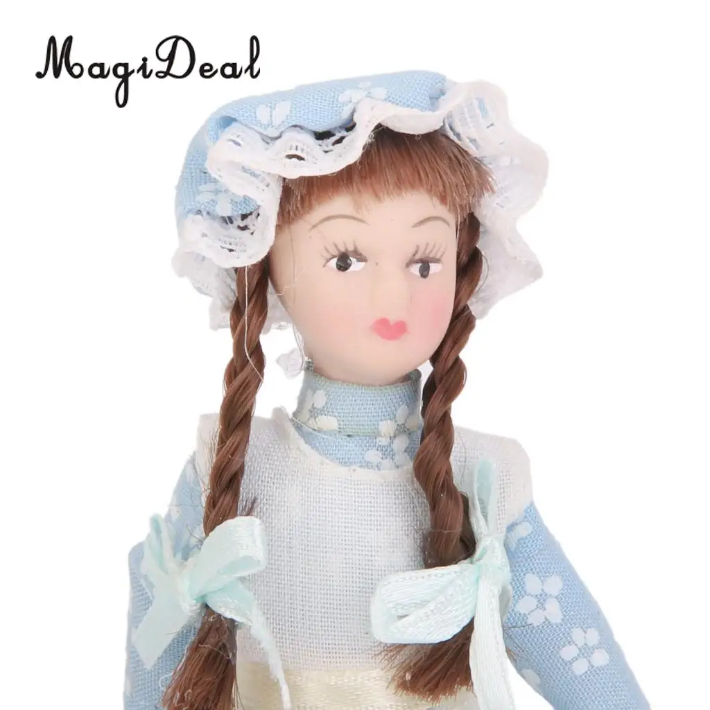MagiDeal 1Pc 1/12 Dollhouse Miniature Porcelain Dolls Braided Hair Little Servent Girl w Stand for Bedroom Decor Kids Toy 2Kinds