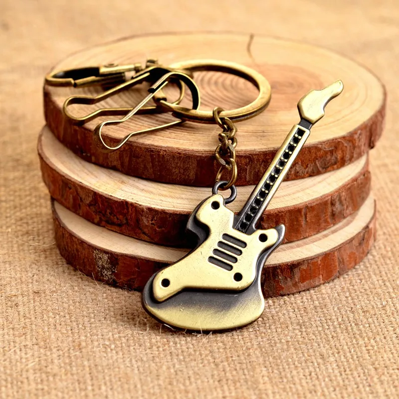 

Classic Vintage Ancient Bronze Guitar Pendant Key Rings Musical Instrument Braided Cowhide Keychain Gift For Friends