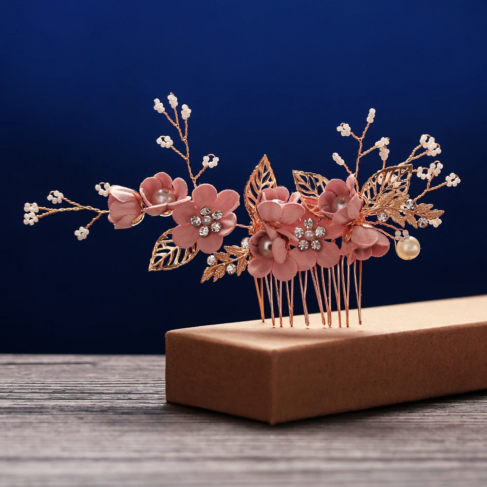 

Luxury Blue Flower Hair Combs Headdress Prom Bridal Wedding Hair Accessories Gold Leaves Hair Jewelry Hair Pins