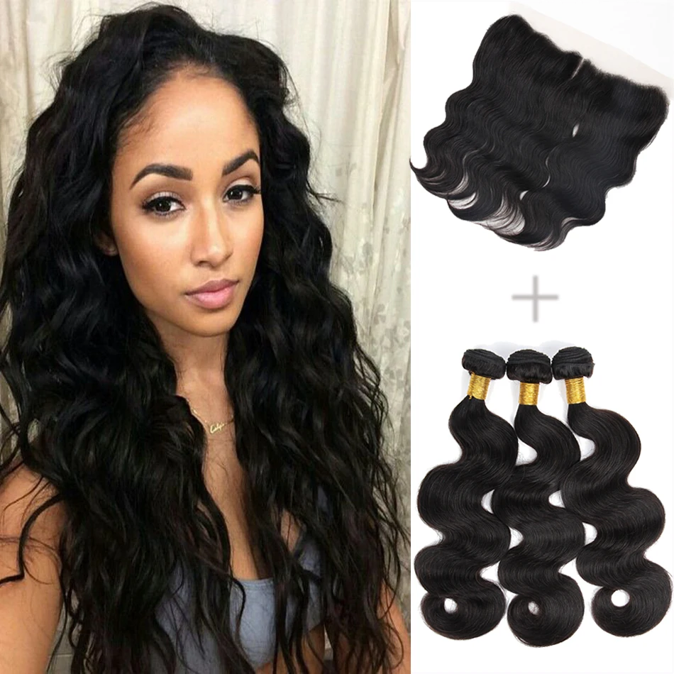 Fair Price 8A 3Bundles Brazilian Body Wave Lace Frontal Closure With Bundles Body Wave Brazilian Virgin Hair With Closure