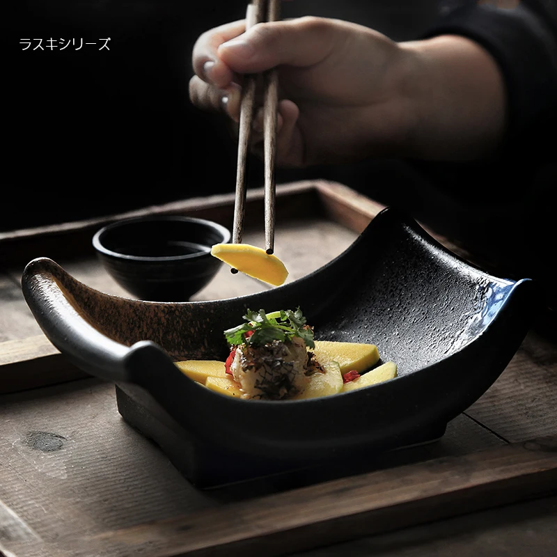 

Japanese Boat Shaped Dish Solid Ceramic Creative Plate Home Dinnerware Tableware Restaurant 7.5 Inch Dishes Retro Plates