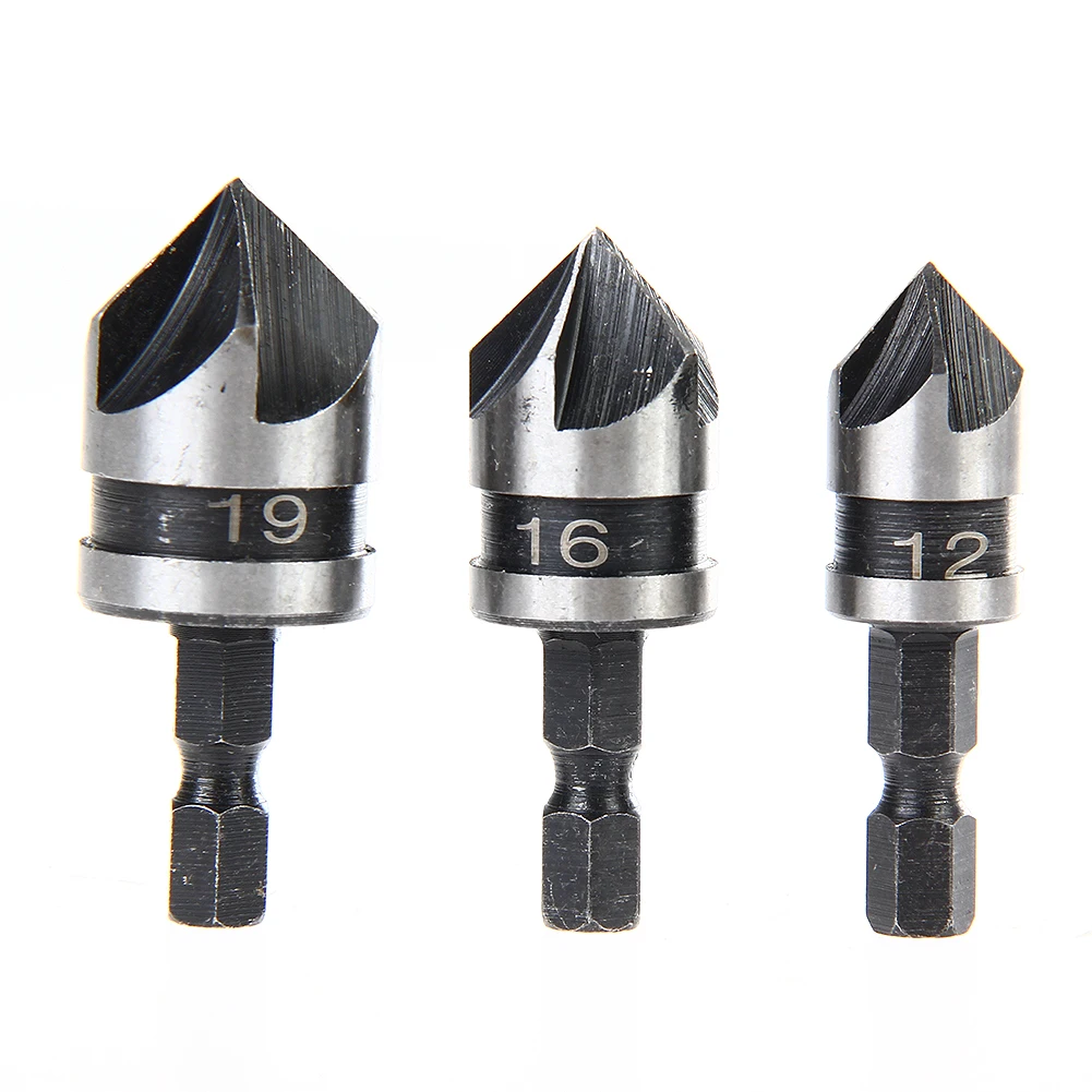 3Pcs/set New 90 Degree 1/4 Hex Shank Drill Bit 5 Flute 12 19mm