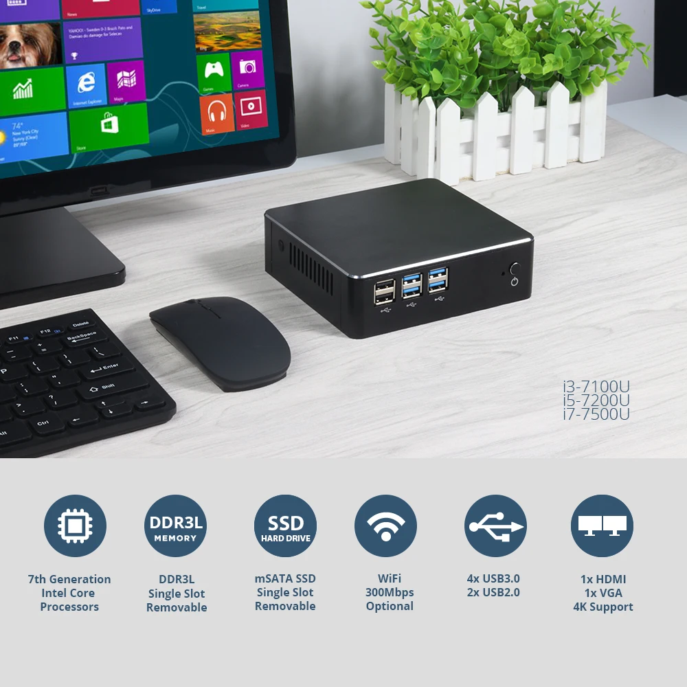 XCY Mini PC Intel Core i7 7500U i5 7200U i3 7100U Windows 10 8GB RAM 480GB SSD 4K UHD HDMI VGA 300M