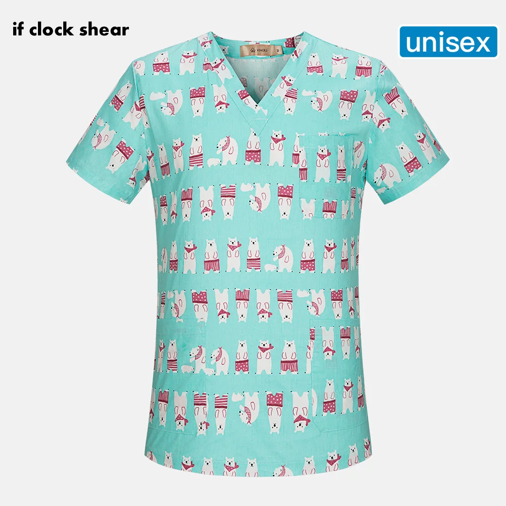 

V-Neck Hospital Nurse Scrub Tops Women Scrub clothes With Breathable cartoon Printing Surgical Medical Uniforms Women wholesale