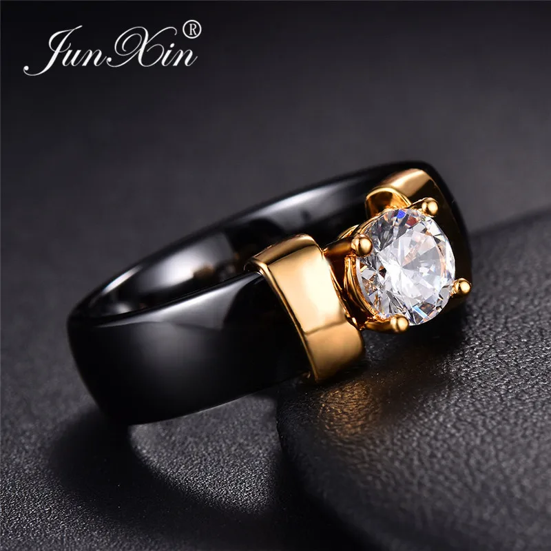 JUNXIN Female Male Black White Ceramic Rings For Couples Silver Gold Metal Round Zircon Crystal Wedding Rings For Men Women Gift