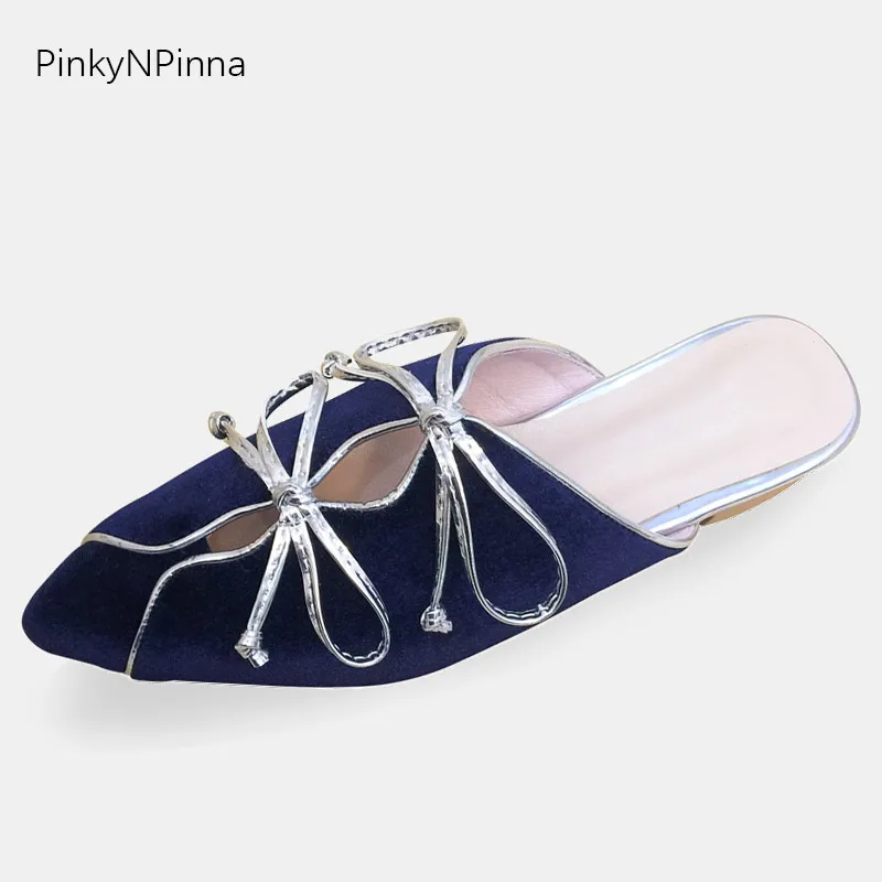 

Designer brand women mules slippers pointed toe flat double cross tie velvet soft sheepskin leather insole summer casual slides