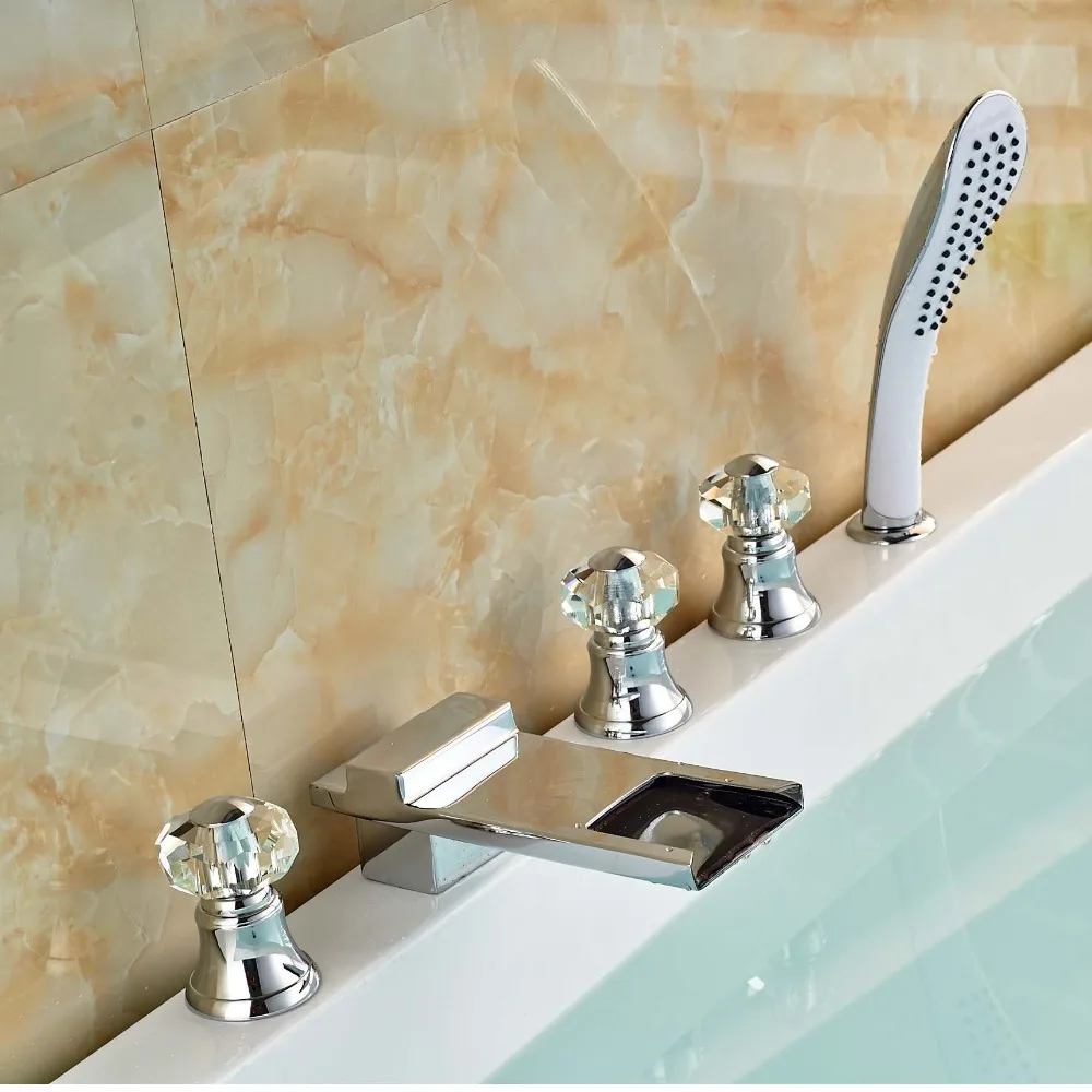 Deck Mount Brass Waterfall Bathtub Mixer Taps 5pcs Bathroom Tub Faucet 3 Crystal Handles Deck Mount Brass Waterfall Bathtub Mixer Taps 5pcs Bathroom Tub Faucet 3 Crystal Handles