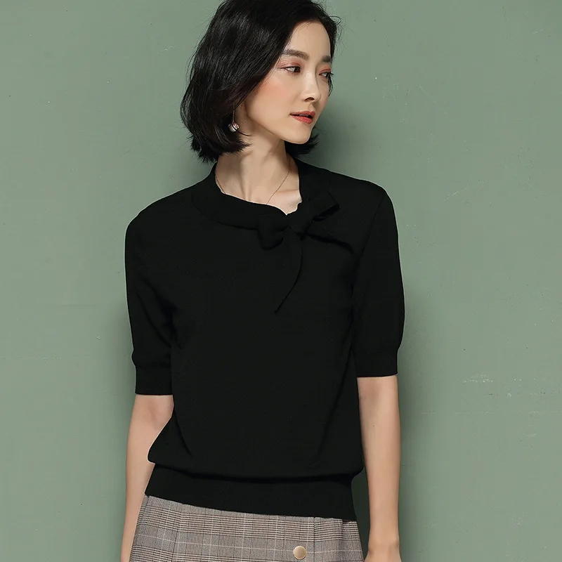 Spring Summer Casual Knitted Solid Color Pullover Butterfly Collar Patchwork Loose Short Sleeve Women Sweater XZ297