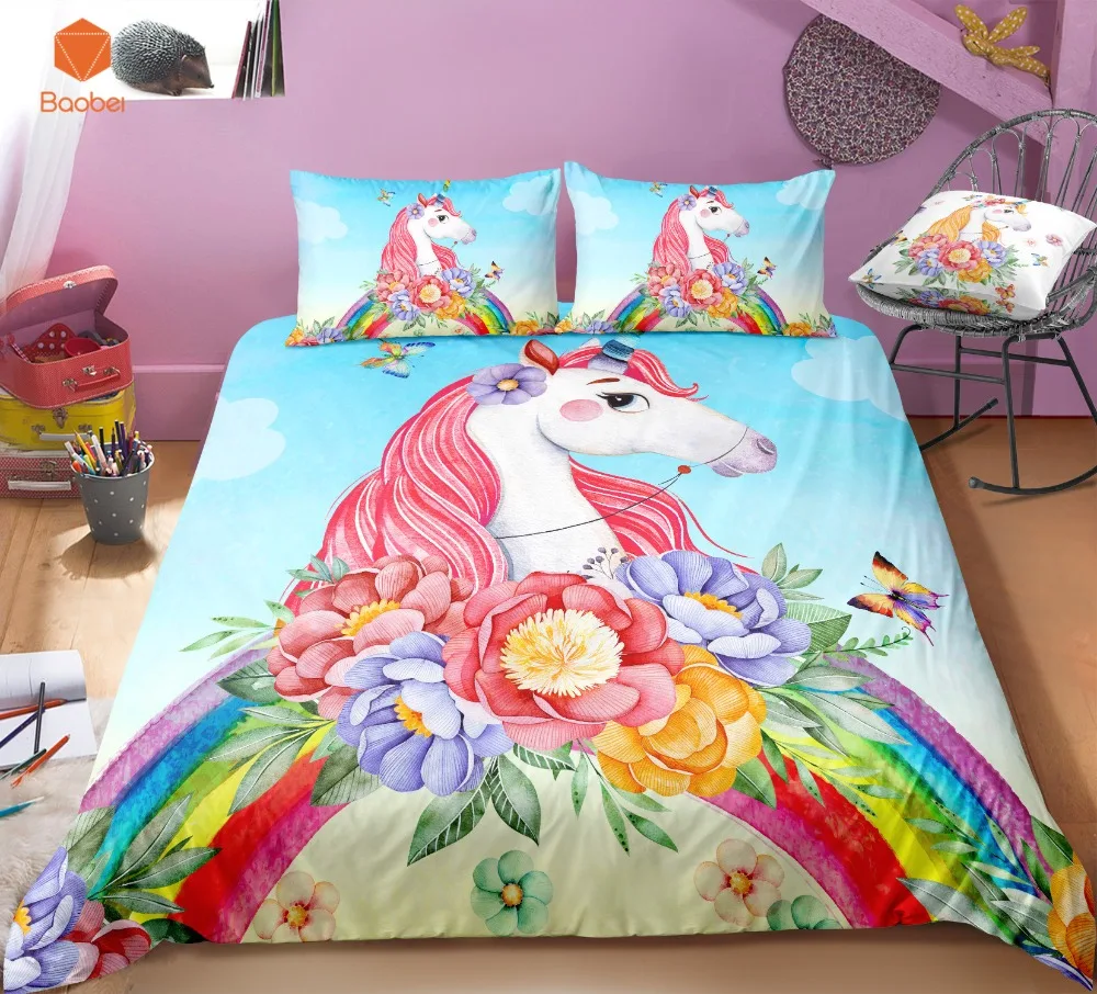 Rainbow 3D Unicorn Bedding Set Kids Duvet Cover Pillowcase Quilt//Comforter Cover