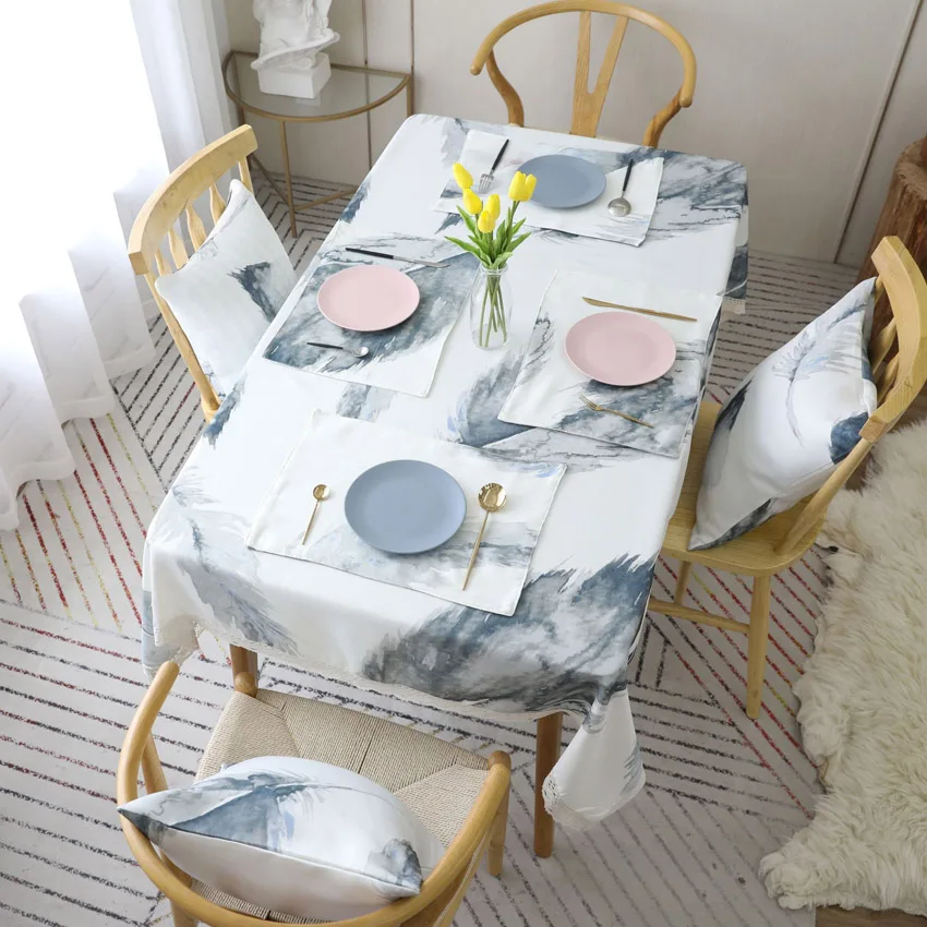 

Polyester Tablecloth Gray Large Feather Print Nordic Thickening Rectangular Table Cloth Coffee Table Cover Tapete Nappe Obrus