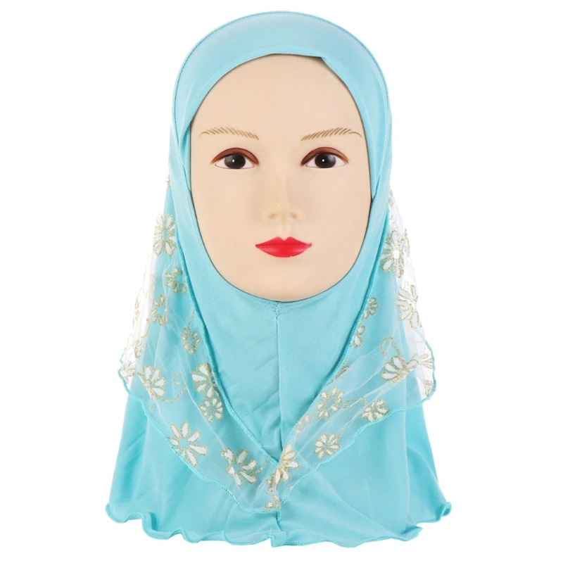 Детский мусульманский хиджаб для маленьких девочек с кружевным цветочным узором, исламский шарф, шали, растягивающиеся 56 см От 7 до 11 лет - Цвет: B