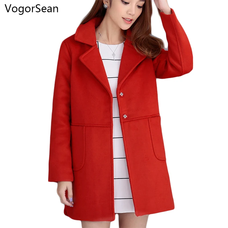 

Women's Medium Long Cashmere Wool Coat Female Single Button Women Winter Jackets Coats Turn-Down Collar Trench Coat Red