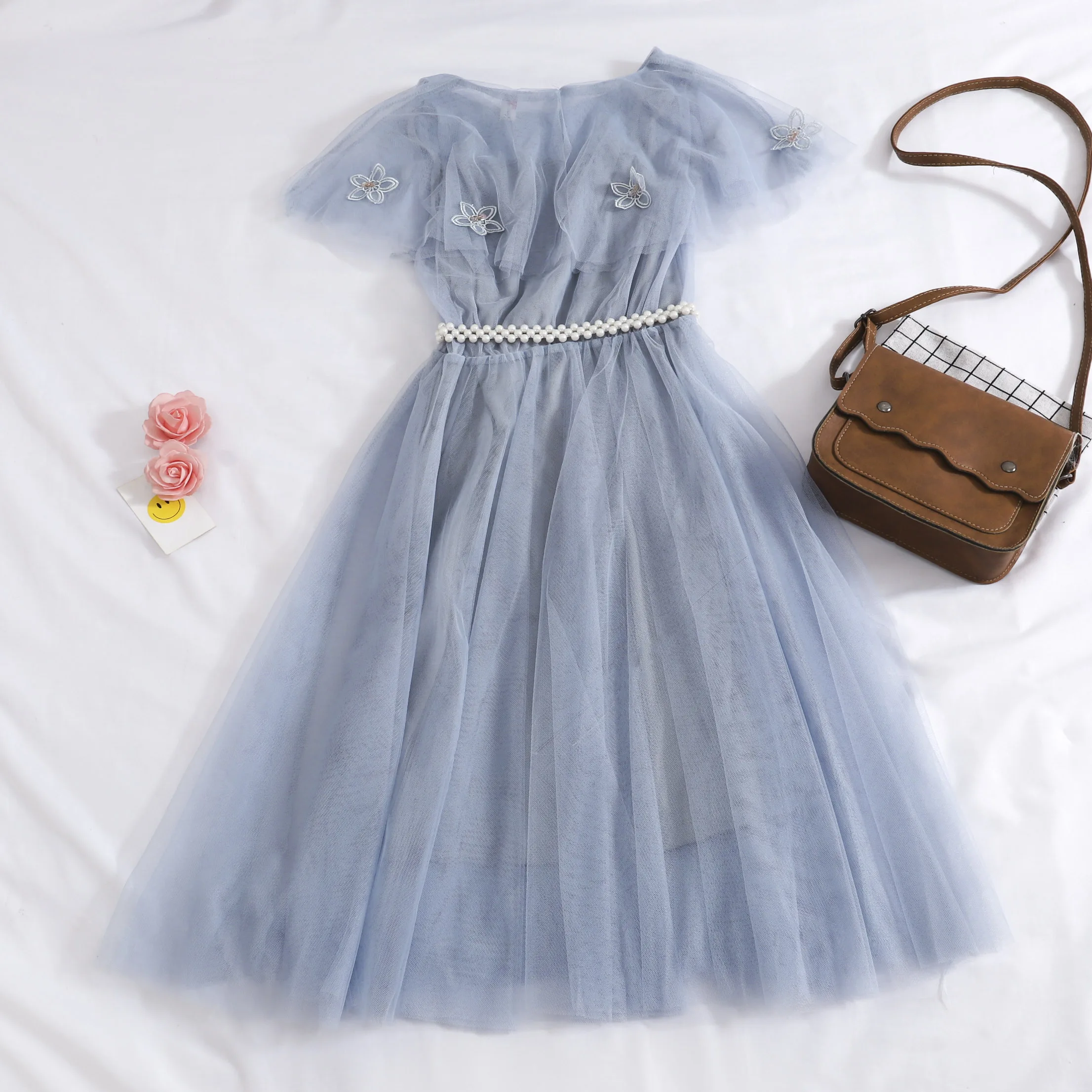 

Women Summer O-neck Pearl Bead Sashes Belt Flower Pleated Tulle Dress Vintage Elastic Slim Mesh Gauze Voile Pullover Midi Dress