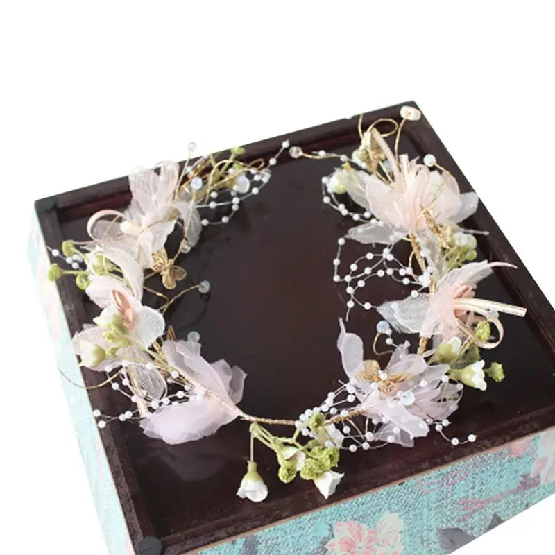 

Wedding Bridal Artificial Flower Crown Headband Imitation Pearl Beading Wreath Ribbon Bowknot Banquet Party Hair Comb Barrette