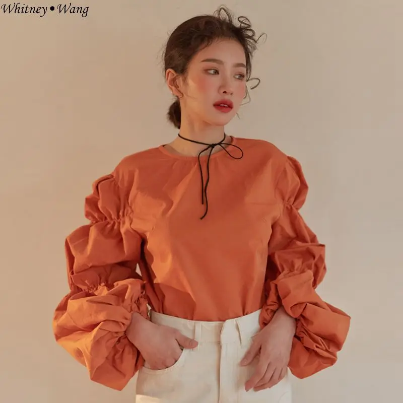 WHITNEY WANG 2019 Весенняя модная уличная блузка в Корейском стиле с пышными рукавами
