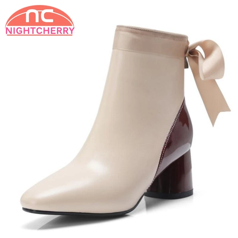 

NIGHTCHERRY Office Lady Genuine Leather High Heel Boots Zipper Bowknot Warm Shoes Women Mixed Color Sexy Ankle Boots Size 34-39