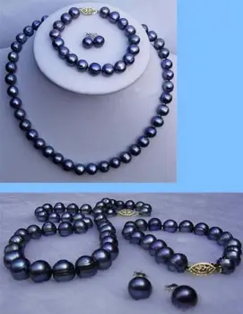 

free shipping>>> shitou 00525 9-10 mm black TAHITIAN SOUTH SEA Pearl necklace/bracelet/earrings set 18"7.5"