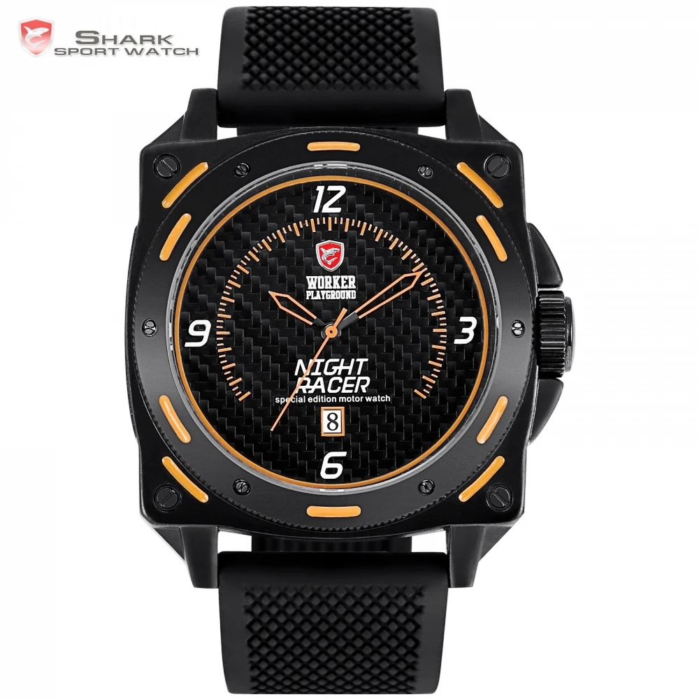 

Night Racer SHARK Sport Watch Top Brand Orange Luminous Square Date Rubber Strap Quartz Mens Male Fashion Watches + Box /SH605