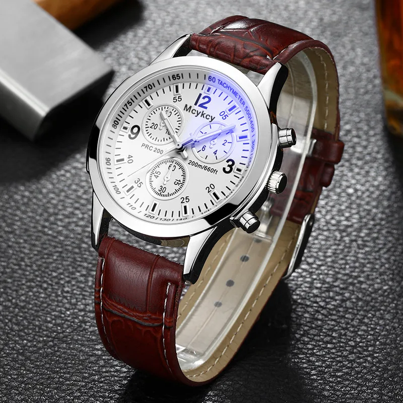 Luxury Men's 3-Eyes Blue Glass Watches Men Fashion Business Genuine Leather Quartz Watch Casual Wristwatch Relogo Masculino 